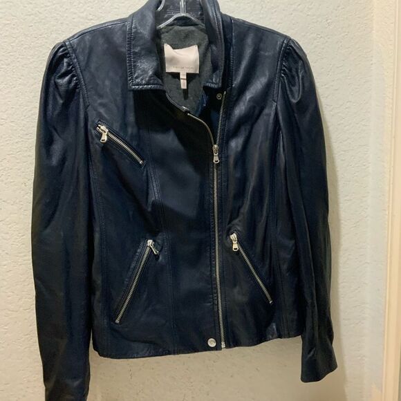 Rebecca Taylor Blue Moto Genuine Leather Jacket Full Zip Long Sleeve Size 2 - Picture 3 of 12